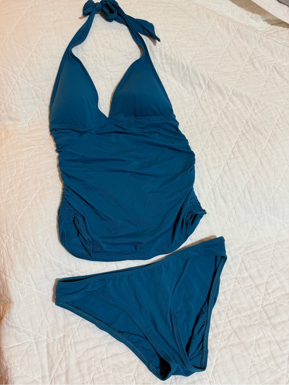 DKNY Teal Blue Halter Tankini and Bikini Bottoms size L